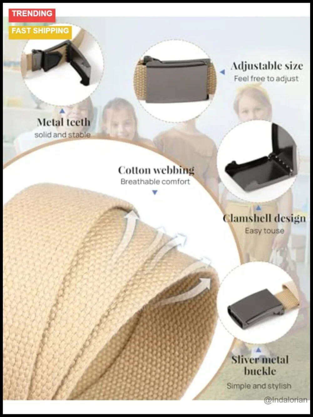 Adjustable Canvas Belt with No-Pinch Flip-Top Buckle for Boys Girls School